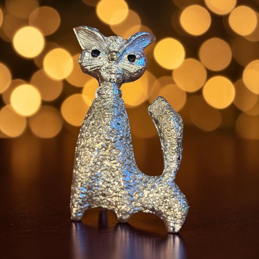 Mod Meesco Cat Brooch Silver Tone Big Eyes Atomic Kitty Pin Vintage